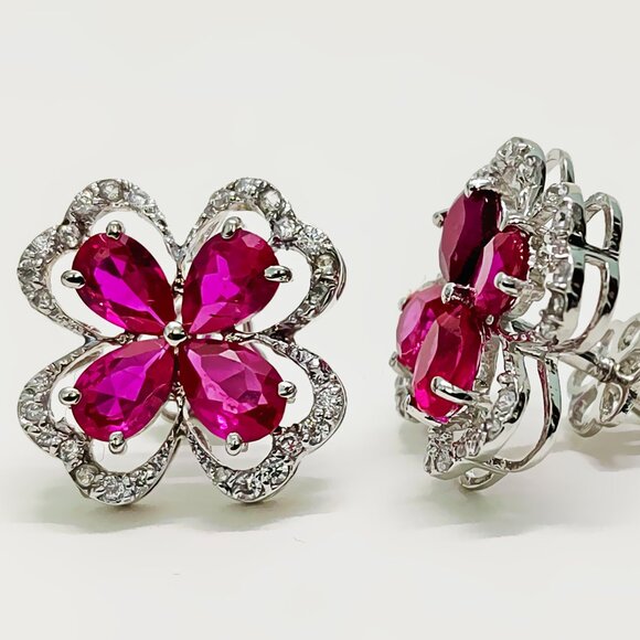 Sterling Silver Embedded Rubies Indian Handmade Women Earrings - Picture 3 of 5